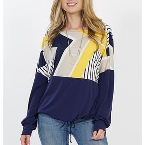 Navy & yellow stripe block blouse 2x